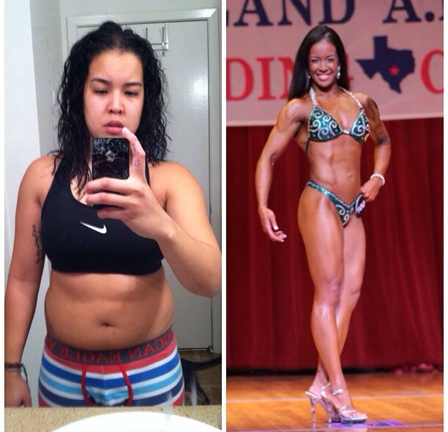 Daza's "before" photo on the left and her first body building competition on the right.